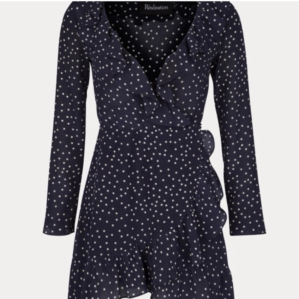Realisation Par Alexandra Ruffled Silk Wrap Mini Dress Navy Star Print